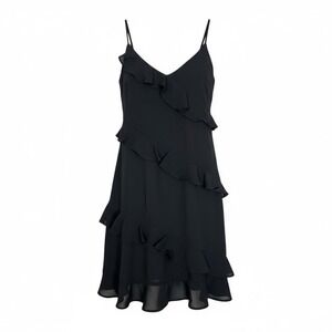 Black Ruffle Trim V Neck Sleeveless Party Cocktail Dress Small